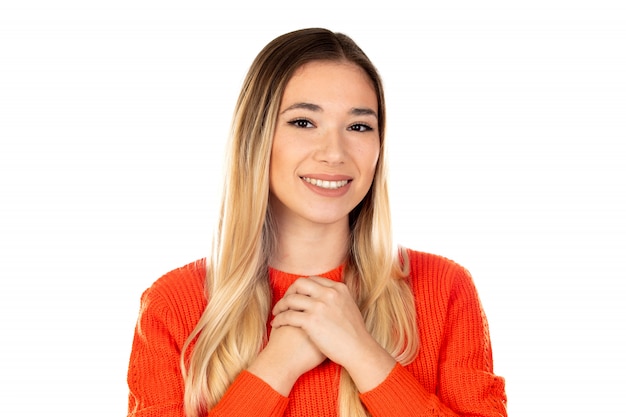 Pretty woman with red sweatshirt