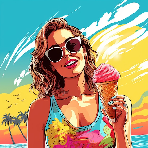 Красивая женщина в солнцезащитных очках ест мороженое в стиле поп-арта, созданный ИИ.