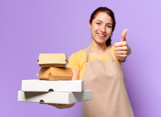 pretty woman with take away fast food boxes