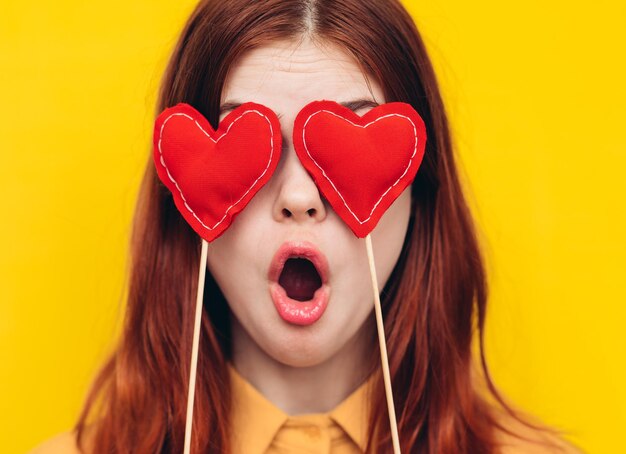 Pretty woman in yellow shirt glamor romance posing person