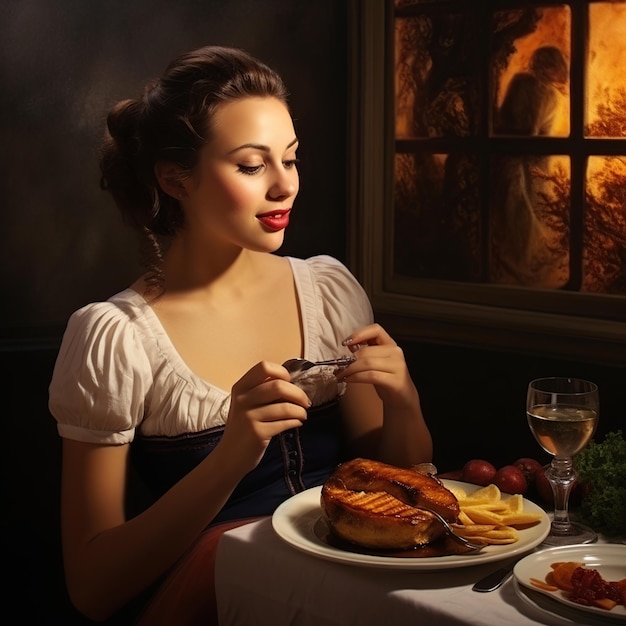 Photo pretty women eat steak at dinner ai generated image