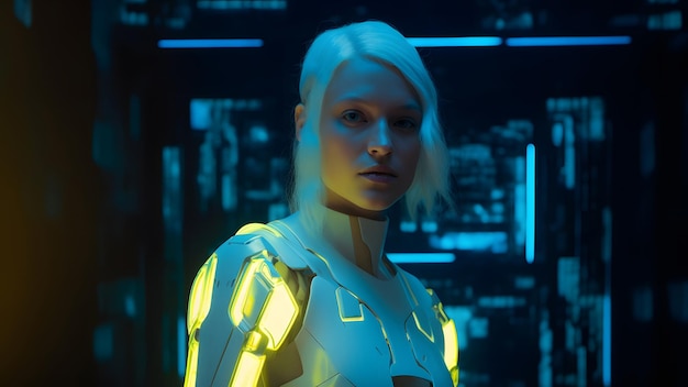 Pretty young adult caucasian woman with white hair wearing cybernetic jacket in cyberpunk setting