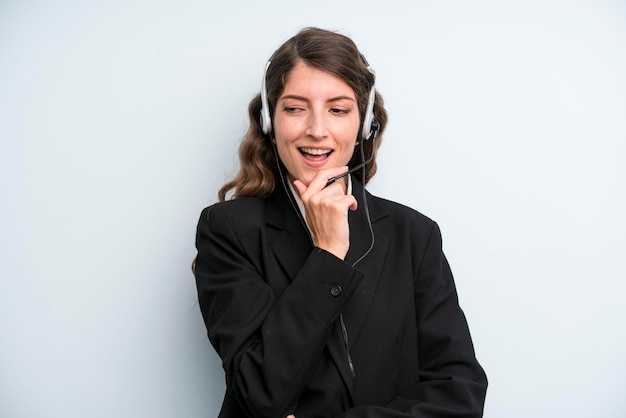 Pretty young adult woman telemarketing service concept