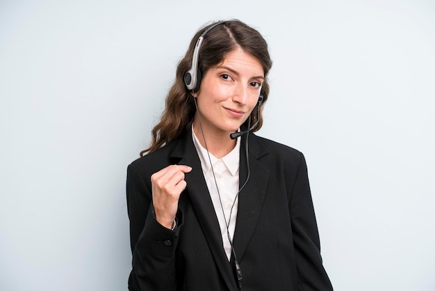 Pretty young adult woman telemarketing service concept