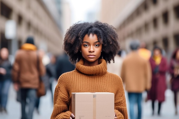 Photo pretty young black woman holding a moving box on a street