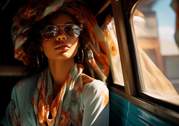 Pretty young black woman inside a turquoise blue camper van