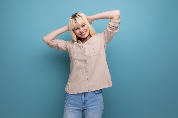 Pretty young caucasian woman in casual clothes with emotions of joy