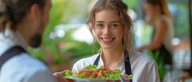 A pretty young chef serving a waiter a freshly made Greek salad