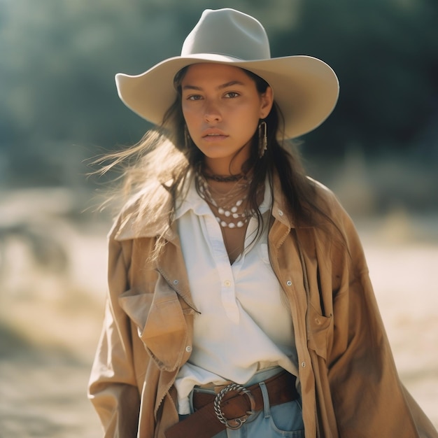 A pretty young fashion woman wearing western cowboy cloths