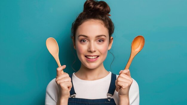 Photo pretty young female model holds wooden spoon