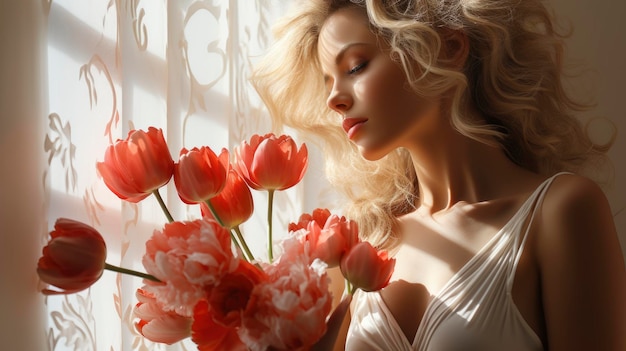 Фото Красивая молодая женщина с тюльпанами фотореалистичный фон изображение красивые женщины hd