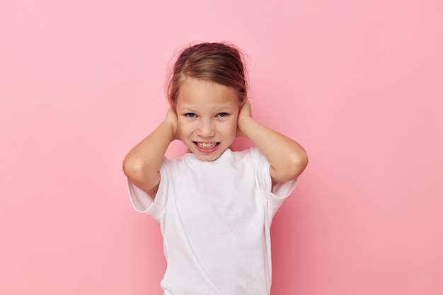 Pretty young girl emotion hands gesture isolated background