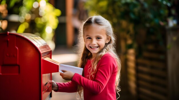 A pretty young girl excitedly posts her christmas list to santa in a bright red traditional post box