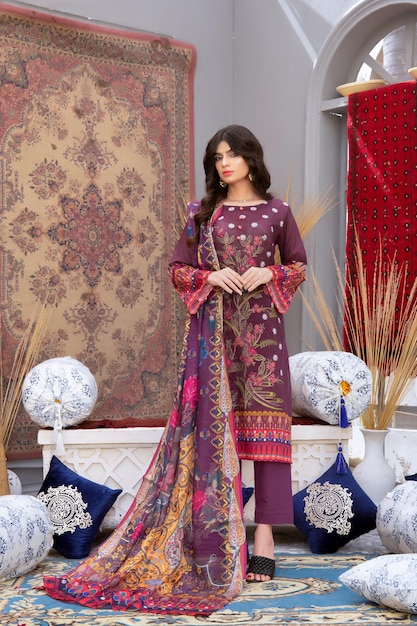 Pretty Young Girl Front Pose Wearing Shalwar Kameez and Dupatta for Traditional Photoshoot