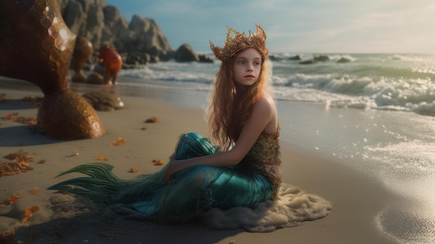 Pretty young girl in a mermaid costume sits on the beach