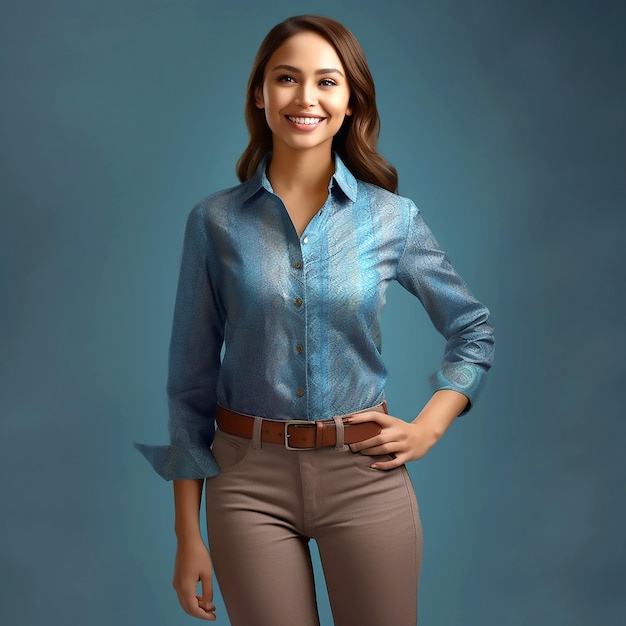 pretty young girl posing to the camera in blue and brown color office wear