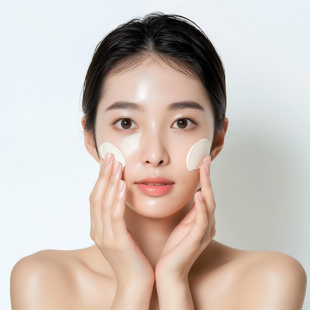 pretty young girl using skincare in face isolated on a white background