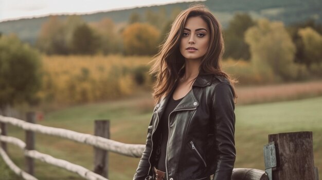 Pretty young girl with curly long hair in leather autumn jacket posing near wooden f Generative AI