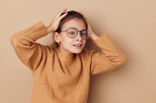 Pretty young girl with glasses emotions gesture hands isolated background