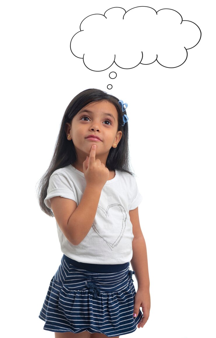 Photo pretty young girl with idea pointing up to blank cloud, isolated