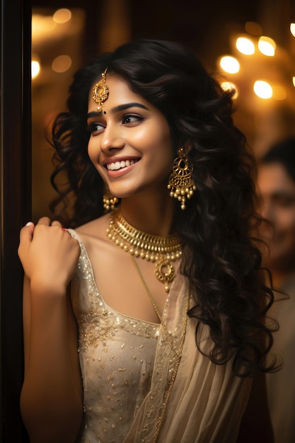 Pretty Young Indian woman wears gold jewelry moody ambience