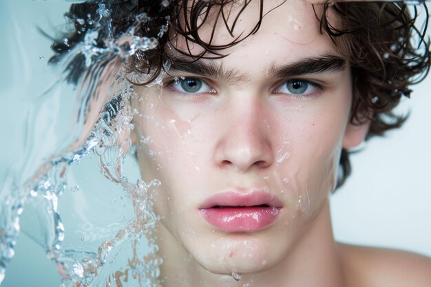 Красивый молодой человек с чистой кожей и брызгой воды.