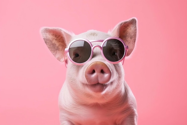 단단한 분홍색 배경에 고립된 선글라스를 입은 예쁜 어린 돼지