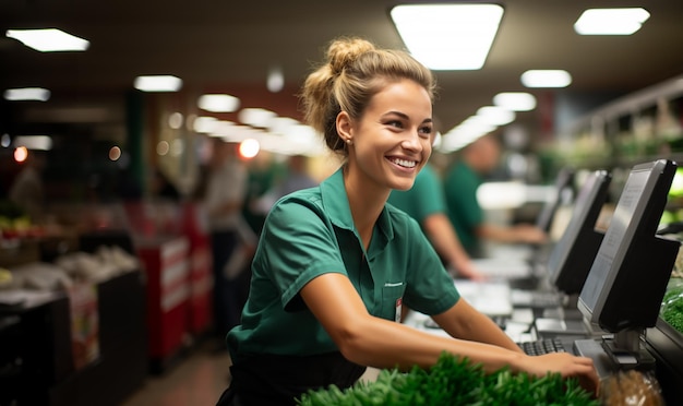 Photo pretty young smiling cashier at the supermarket by cash register during work check out counter