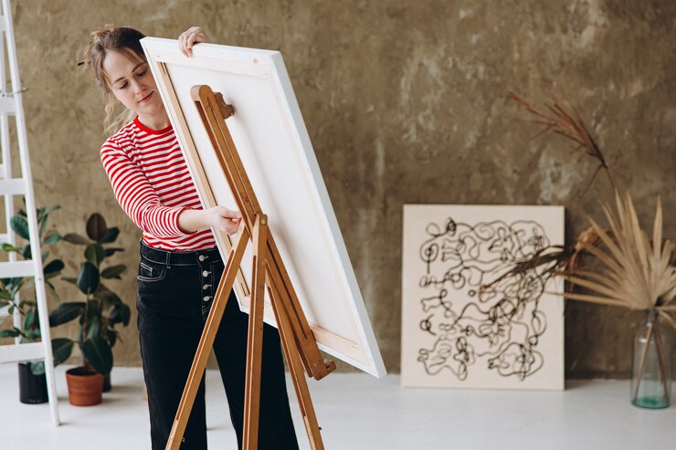 Photo pretty young woman adjusting easel for painting at art studio