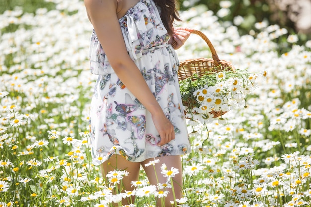 Pretty young woman in the chamomile field. Beautiful girl with flowers