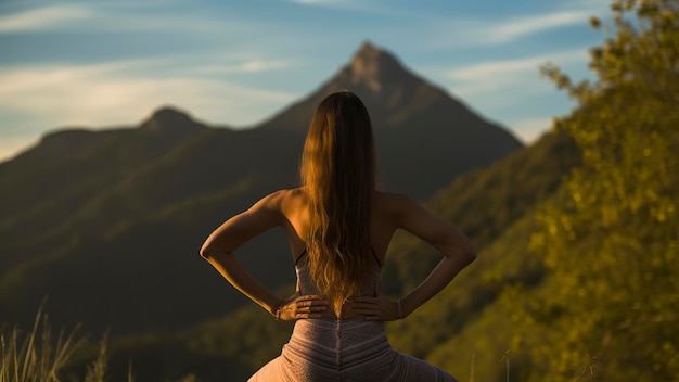 Photo pretty young woman doing yoga in the nature yoga time in the naturre woman relaxing in the nature