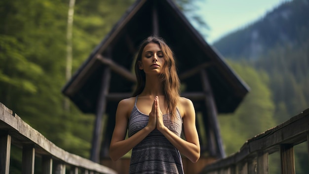 Photo pretty young woman doing yoga in the nature yoga time in the naturre woman relaxing in the nature