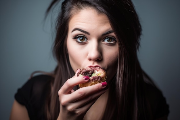 A pretty young woman eating a muffin created with generative ai