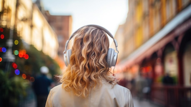 Pretty young woman enjoying music with headphones outdoors and have fun in the middle of nature