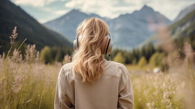 Pretty young woman enjoying music with headphones outdoors and have fun in the middle of nature