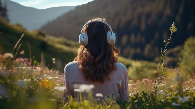 Pretty young woman enjoying music with headphones outdoors and have fun in the middle of nature