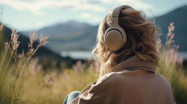 Photo pretty young woman enjoying music with headphones outdoors and have fun in the middle of nature