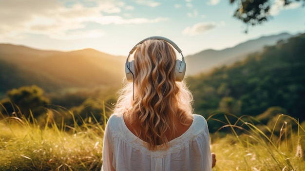 Красивая молодая женщина наслаждается музыкой с наушниками на открытом воздухе и веселится посреди природы
