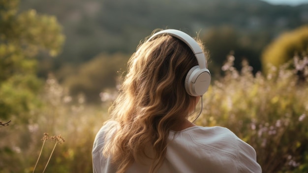 Красивая молодая женщина наслаждается музыкой с наушниками на открытом воздухе и веселится посреди природы