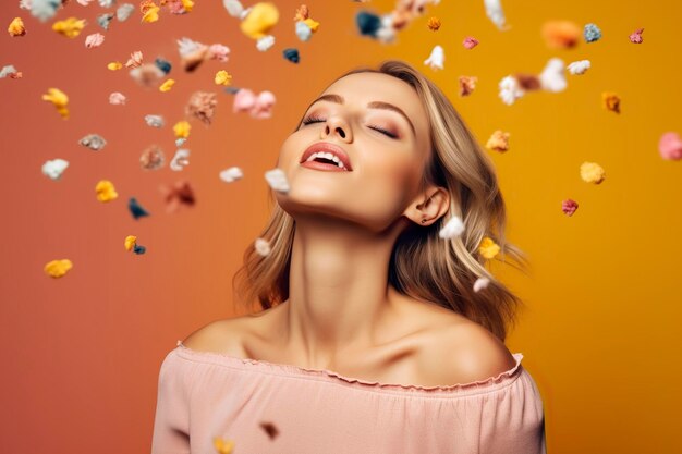 Pretty young woman in an explosion of confetti around her isolated on colored background Ai generated