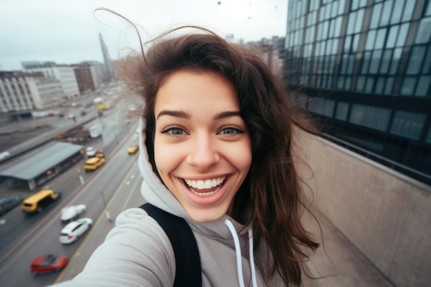 pretty young woman happy and surprised expression city background