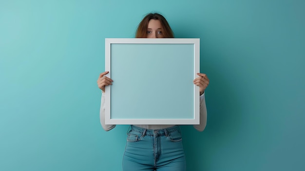 Pretty young woman holding blank board with copy space