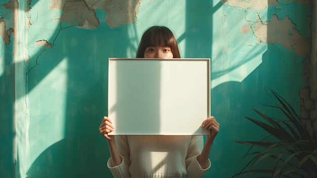 Photo pretty young woman holding blank board with copy space