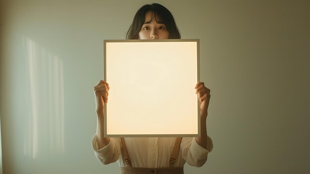 Pretty young woman holding blank board with copy space