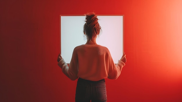 Foto una bella giovane donna con una lavagna vuota con spazio per le copie