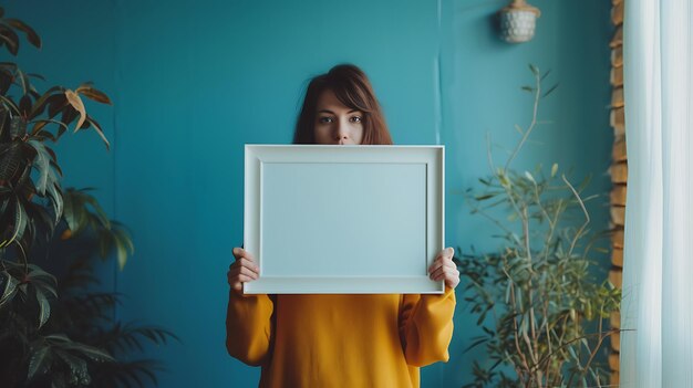 Photo pretty young woman holding blank board with copy space