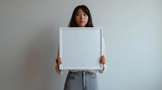 Photo pretty young woman holding blank board with copy space