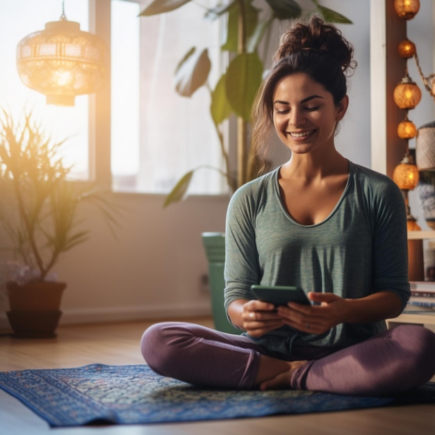 Pretty and young woman practicing yoga at home He is holding a cell phone in his hand while smiling