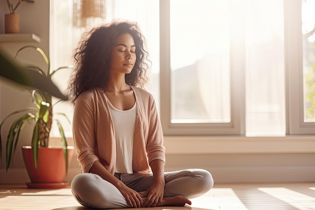 Pretty and young woman practicing yoga at home in the morning