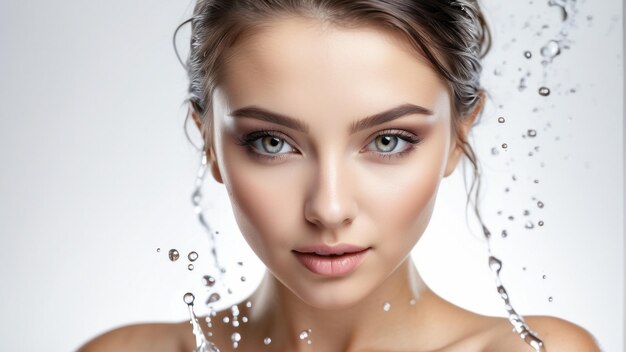 Foto una bella giovane donna e uno spruzzo d'acqua su uno sfondo bianco solido